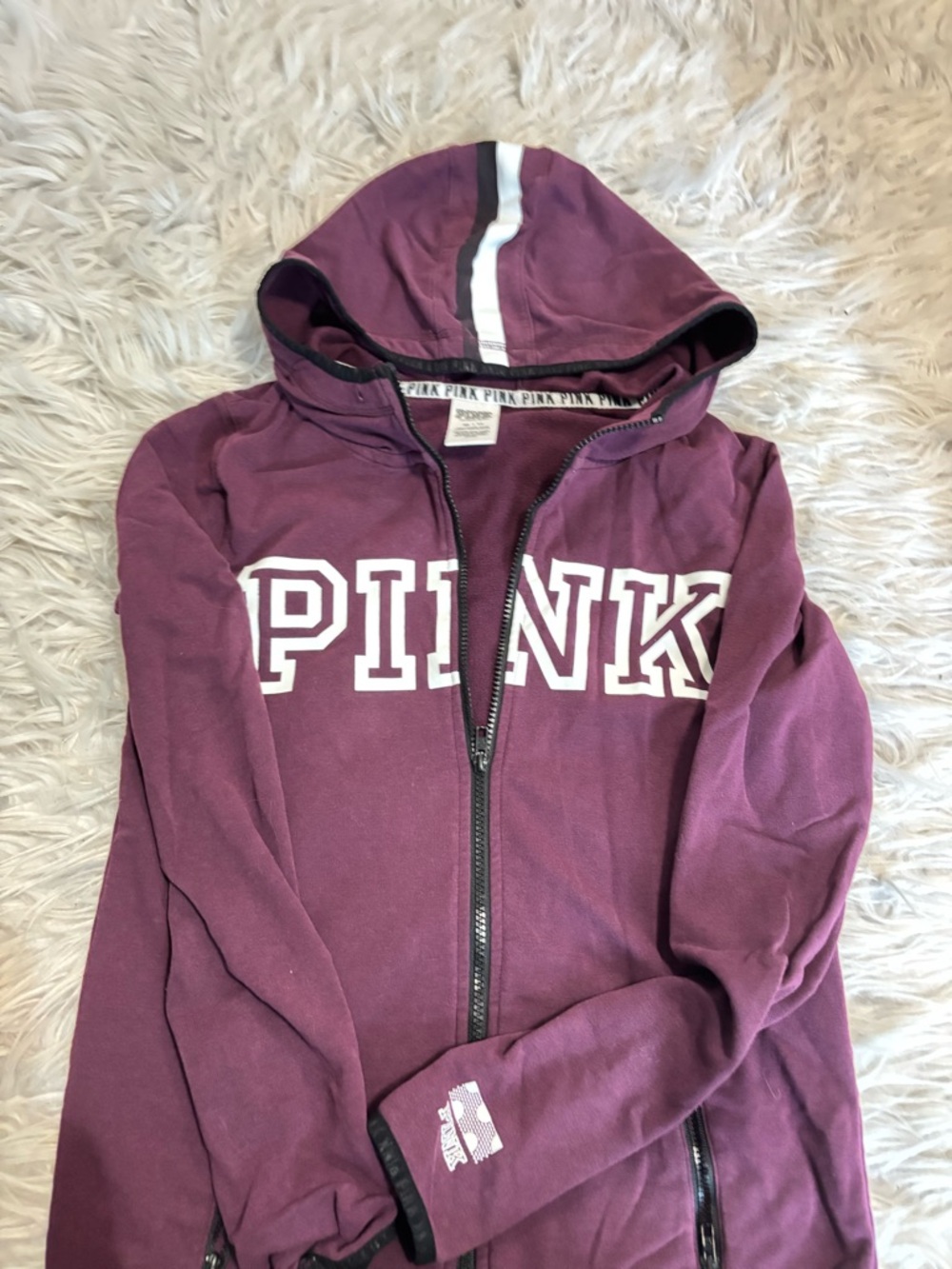Victoria's Secret PINK Plum Zip Hoodie with White Stripe